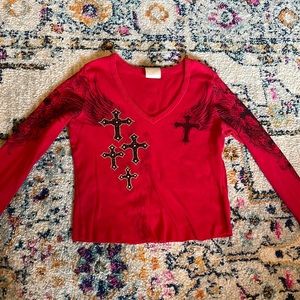 Vintage Red Cross Rhinestone Long Sleeve